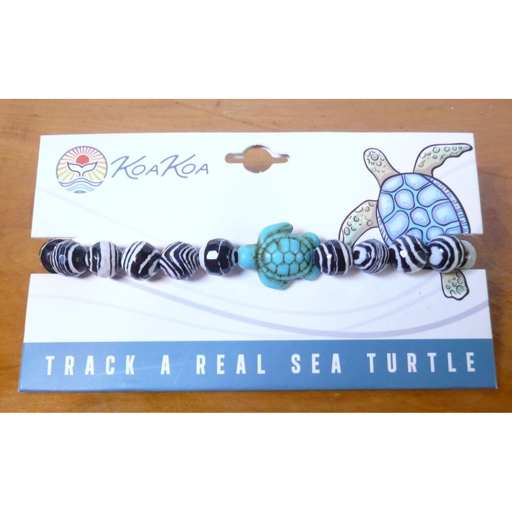 KoaKoa Sparkle Sea Turtle Tracking Bracelet - Black White Beads Turtle Charm NEW
